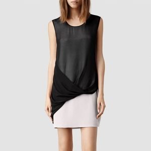 [All Saints] Afia Dress Overlaid Sheer Layered Mini Minimalist Scoop Neck Size 4